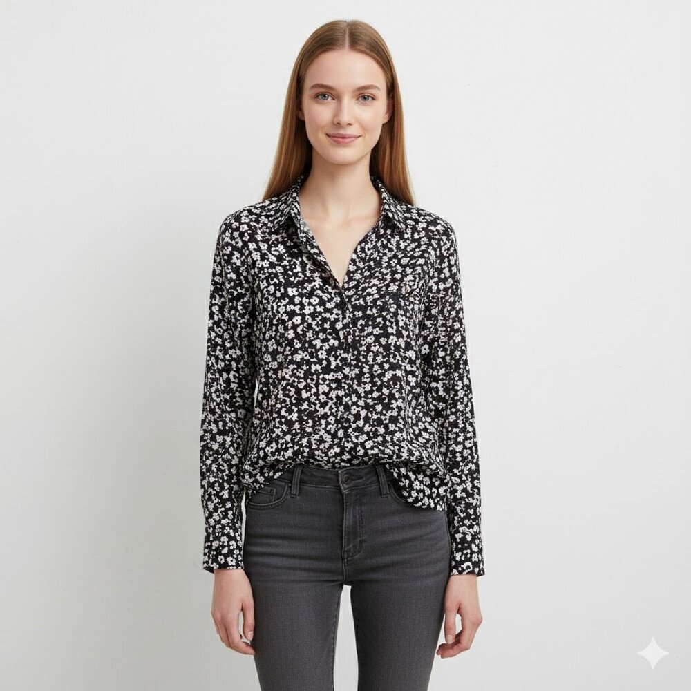 Candies Women’s Sz XL Black Floral Button Down Tie Long Sleeve‎ Blouse Shear
